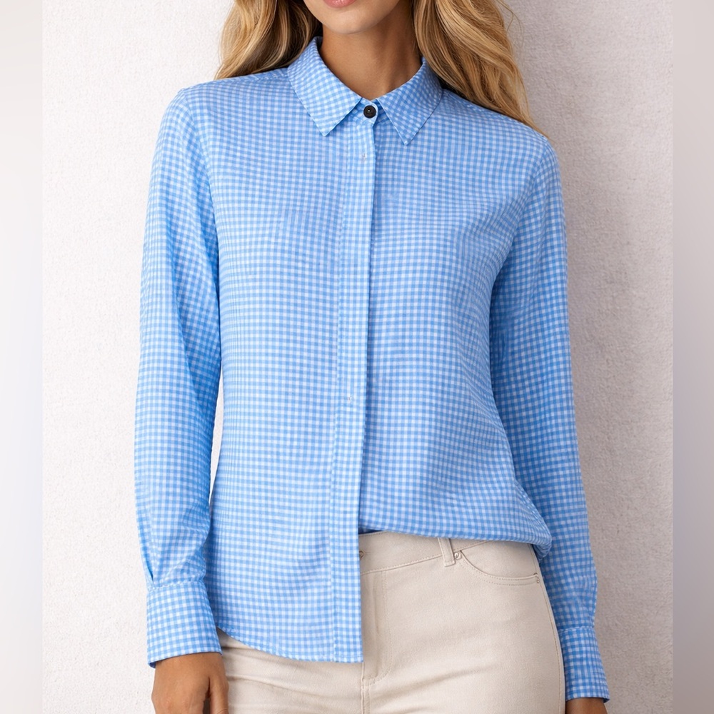 Altuzarra $895 Gingham Button Down Shirt Size 34/XS Blue White Summer Elegant